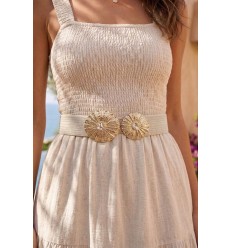 Ceinture femme raphia en paille synthétique élastiqué avec boucle dorée décoration coquillage - 1