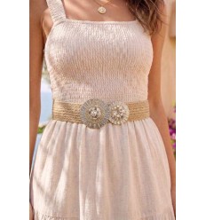 Ceinture femme raphia en paille synthétique élastiqué avec boucle dorée décoration coquillage - 1