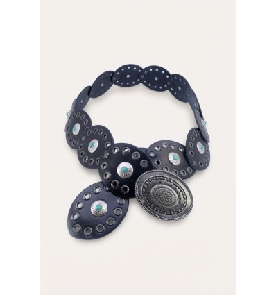 Ceinture style western en synthétique avec détaile couleur turquoise et ornements en métal vieilli - 1