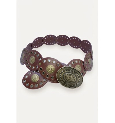 Ceinture en synthétique marron avec plaques ovales et boucle style western - 1