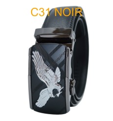 Ceinture automatique boucle crémaillère sans trous en croute de cuir de vachette 3.5 cm C31 noir