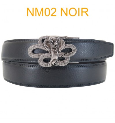 Ceinture automatique boucle crémaillère sans trous en croute de cuir de vachette 3.5 cm NM02 noir