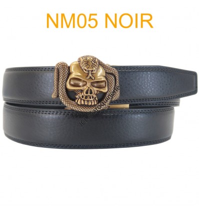 Ceinture automatique boucle crémaillère sans trous en croute de cuir de vachette 3.5 cm NM05 noir