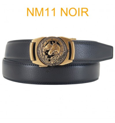 Ceinture automatique boucle crémaillère sans trous en croute de cuir de vachette 3.5 cm NM11 noir