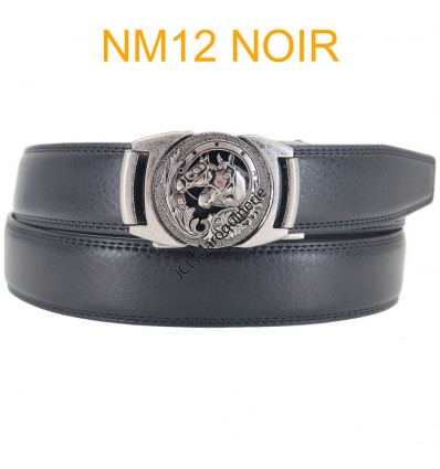 Ceinture automatique boucle crémaillère sans trous en croute de cuir de vachette 3.5 cm NM12 noir