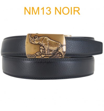 Ceinture automatique boucle crémaillère sans trous en croute de cuir de vachette 3.5 cm NM13 noir