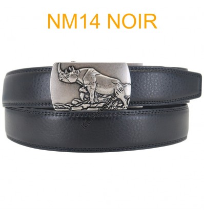 Ceinture automatique boucle crémaillère sans trous en croute de cuir de vachette 3.5 cm NM14 noir