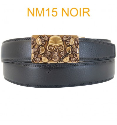 Ceinture automatique boucle crémaillère sans trous en croute de cuir de vachette 3.5 cm NM15 noir