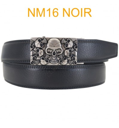 Ceinture automatique boucle crémaillère sans trous en croute de cuir de vachette 3.5 cm NM16 noir