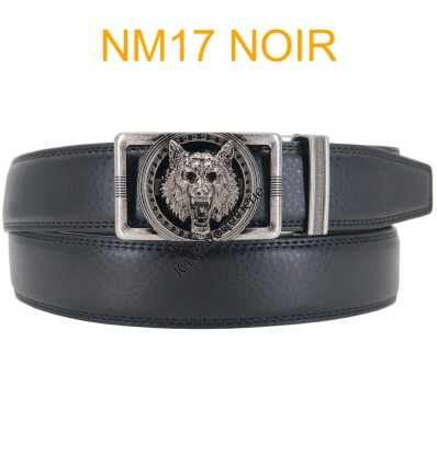 Ceinture automatique boucle crémaillère sans trous en croute de cuir de vachette 3.5 cm NM17 noir