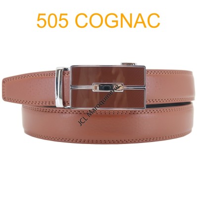 Ceinture automatique boucle crémaillère sans trous en croute de cuir de vachette 3.0 cm 505 cognac