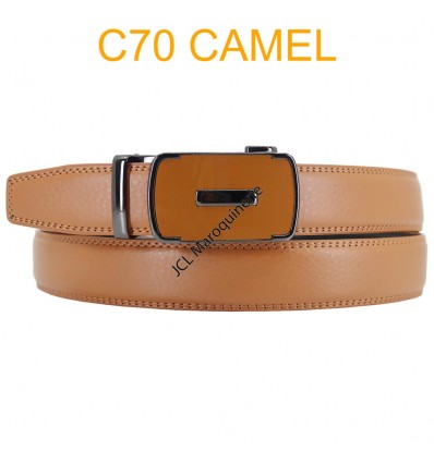 Ceinture automatique boucle crémaillère sans trous en croute de cuir de vachette 3.0 cm C70 camel