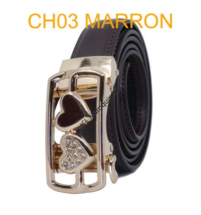 Ceinture femme automatique boucle crémaillère sans trous en croute de cuir de vachette CH03 marron