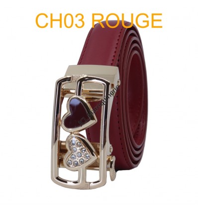 Ceinture femme automatique boucle crémaillère sans trous en croute de cuir de vachette CH03 rouge