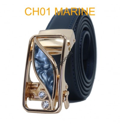 Ceinture femme automatique boucle crémaillère sans trous en croute de cuir de vachette CH01 marine