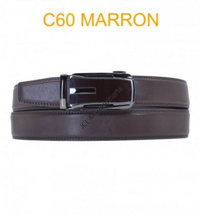 Ceinture automatique boucle crémaillère sans trous en croute de cuir de vachette 3.5 cm CT60 marron fonce