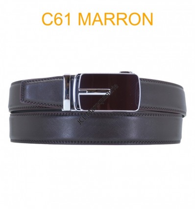 Ceinture automatique boucle crémaillère sans trous en croute de cuir de vachette 3.5 cm CT61 marron fonce