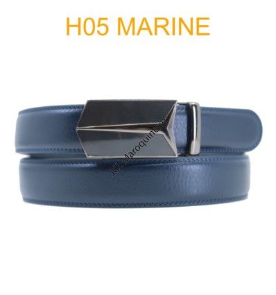 Ceinture automatique boucle crémaillère sans trous en croute de cuir de vachette 3.5 cm H05 marine