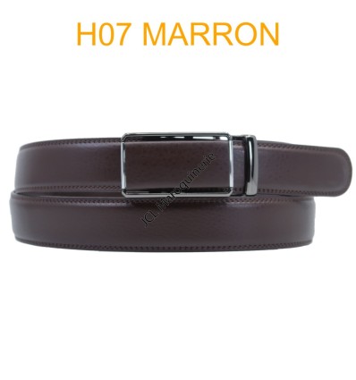 Ceinture automatique boucle crémaillère sans trous en croute de cuir de vachette 3.5 cm H07 marron fonce