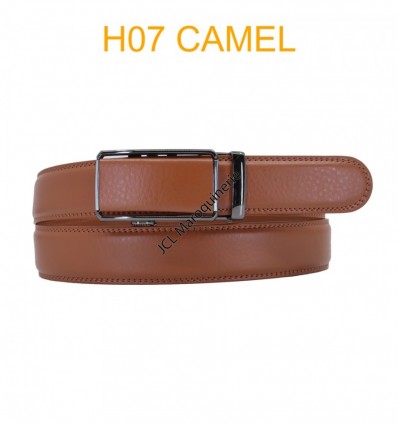 Ceinture automatique boucle crémaillère sans trous en croute de cuir de vachette 3.5 cm H07 camel