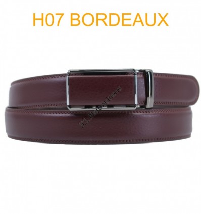 Ceinture automatique boucle crémaillère sans trous en croute de cuir de vachette 3.5 cm H07 bordeaux