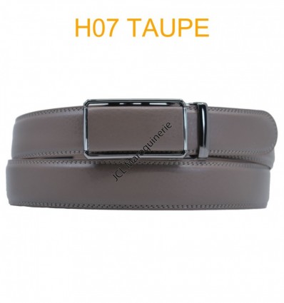 Ceinture automatique boucle crémaillère sans trous en croute de cuir de vachette 3.5 cm H07 taupe