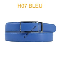 Ceinture automatique boucle crémaillère sans trous en croute de cuir de vachette 3.5 cm H07 bleu