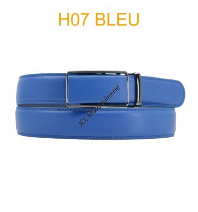 Ceinture automatique boucle crémaillère sans trous en croute de cuir de vachette 3.5 cm H07 bleu