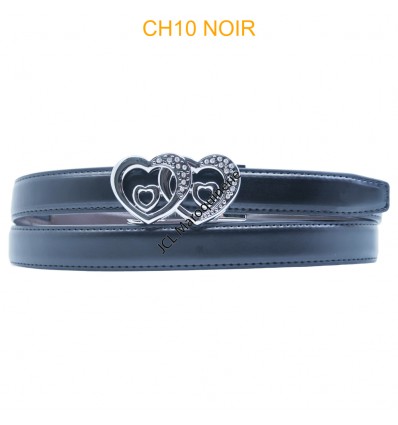 Ceinture femme automatique boucle crémaillère sans trous en croute de cuir de vachette CH10 NOIR