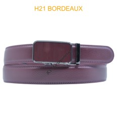 Ceinture automatique boucle crémaillère sans trous en croute de cuir de vachette 3.5 cm H21 bordeaux