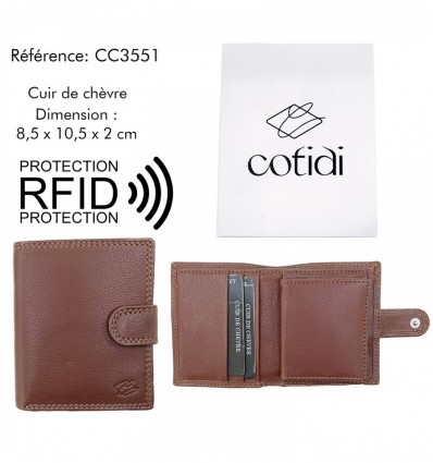 Portefeuille COTIDI avec portemonnaie anti RFID en cuir CC3551 cognac
