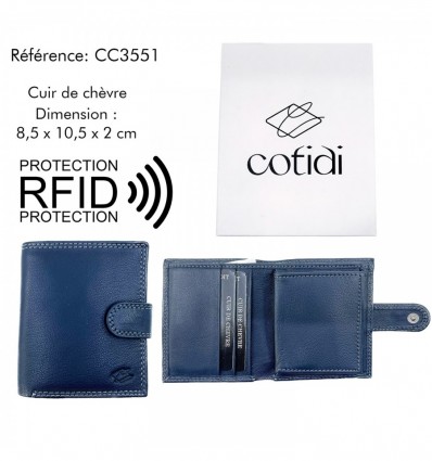 Portefeuille COTIDI avec portemonnaie anti RFID en cuir CC3551 marine