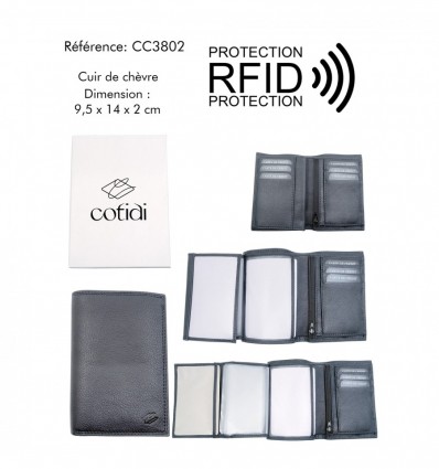 Portefeuille COTIDI 3 volets anti RFID en cuir CC3802 noir