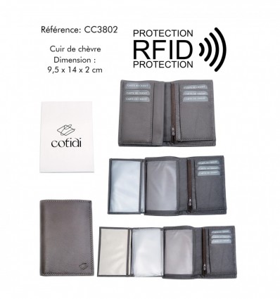 Portefeuille COTIDI 3 volets anti RFID en cuir CC3802 marron