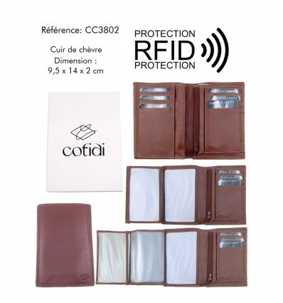 Portefeuille COTIDI 3 volets anti RFID en cuir CC3802 cognac