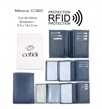 Portefeuille COTIDI 3 volets anti RFID en cuir CC3802 bleu marine