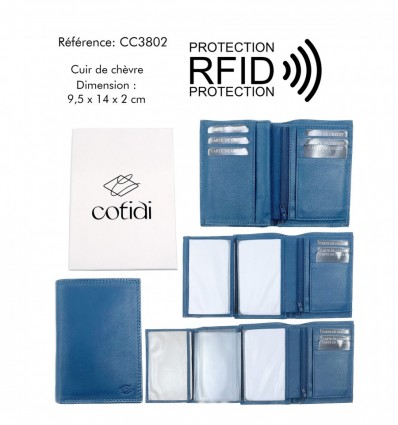 Portefeuille COTIDI 3 volets anti RFID en cuir CC3802 bleu jeans