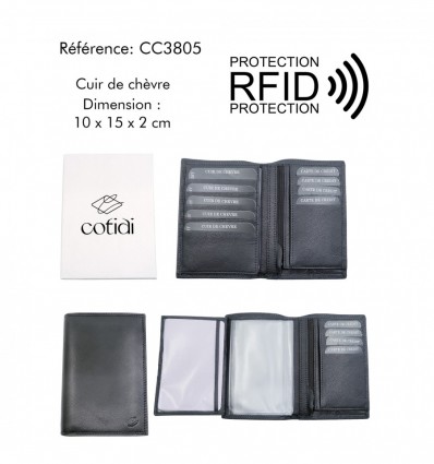 Portefeuille COTIDI 3 volets anti RFID en cuir CC3805 noir