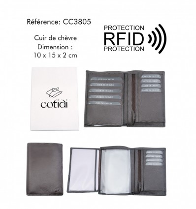 Portefeuille COTIDI 3 volets anti RFID en cuir CC3805 marron