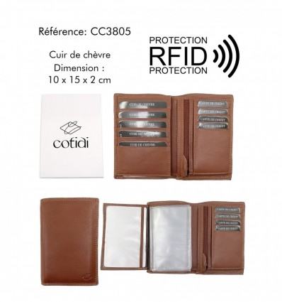 Portefeuille COTIDI 3 volets anti RFID en cuir CC3805 cognac