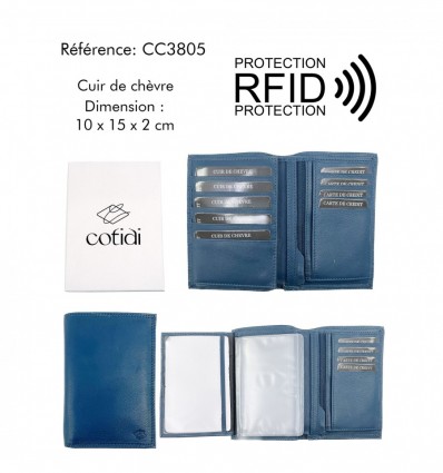 Portefeuille COTIDI 3 volets anti RFID en cuir CC3805 bleu jeans