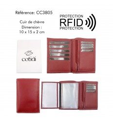 Portefeuille COTIDI 3 volets anti RFID en cuir CC3805 rouge