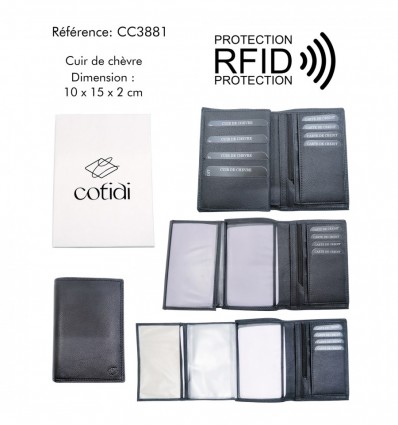 Portefeuille COTIDI 3 volets anti RFID en cuir CC3881 noir