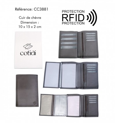 Portefeuille COTIDI 3 volets anti RFID en cuir CC3881 marron