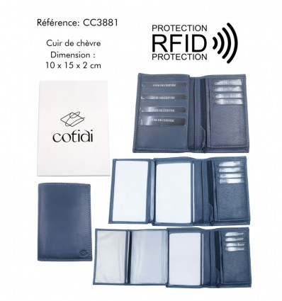 Portefeuille COTIDI 3 volets anti RFID en cuir CC3881 bleu marine