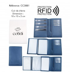 Portefeuille COTIDI 3 volets anti RFID en cuir CC3881 bleu jeans