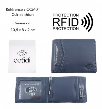 Porte billet COTIDI anti RFID en cuir CCM01 bleu marine