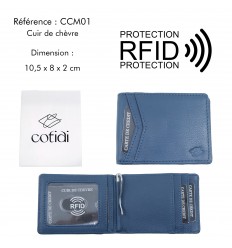 Porte billet COTIDI anti RFID en cuir CCM01 bleu jeans