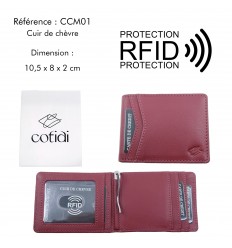 Porte billet COTIDI anti RFID en cuir CCM01 rouge