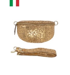 Sac banane en cuir daim impression léopard dorée